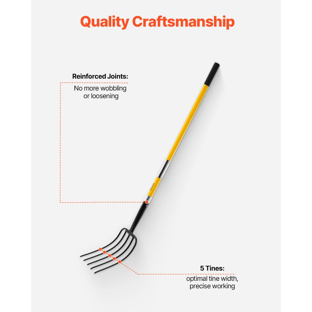 VEVOR Garden Fork, 5-Tine Gardening Pitchfork with Fiberglass Handle, 57 in Heavy Duty Digging Fork with Y Grip, Forged Steel Spading Fork for Hay Potato Composting Transplanting Aeration