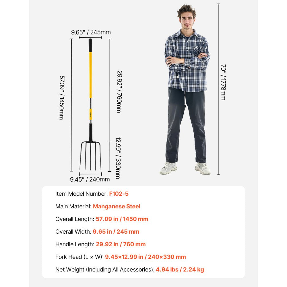 VEVOR Garden Fork, 5-Tine Gardening Pitchfork with Fiberglass Handle, 57 in Heavy Duty Digging Fork with Y Grip, Forged Steel Spading Fork for Hay Potato Composting Transplanting Aeration