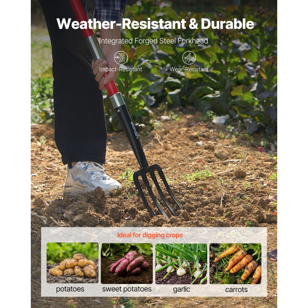 VEVOR Garden Fork, 4-Tine Gardening Pitchfork with Fiberglass Handle, 45 in Heavy Duty Digging Fork with Y Grip, Forged Steel Spading Fork for Hay Potato Composting Transplanting Aeration