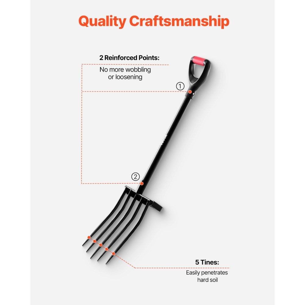 VEVOR Garden Fork, 5-Tine Gardening Pitchfork with Metal Handle, 41 in Heavy Duty Digging Fork with Y Grip, Forged Steel Spading Fork for Hay Potato Composting Transplanting Aeration
