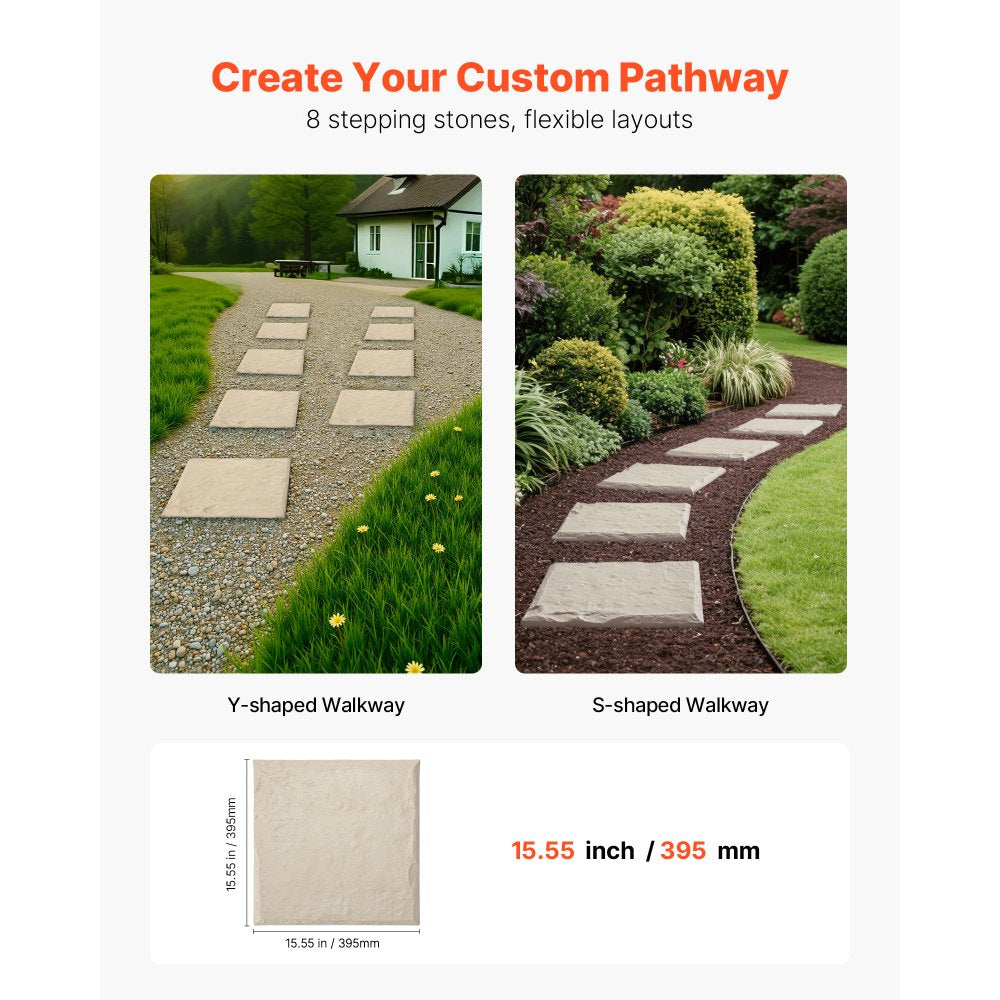 VEVOR Garden Stepping Stones, 8Pcs 15.5 x 15.5 in, Decorative Stepping Stones with Stakes, Weather-Resistant Plastic Pathway Pavers, Smooth Surface, Outdoor Walkway for Lawn Patio Landscape, Beige