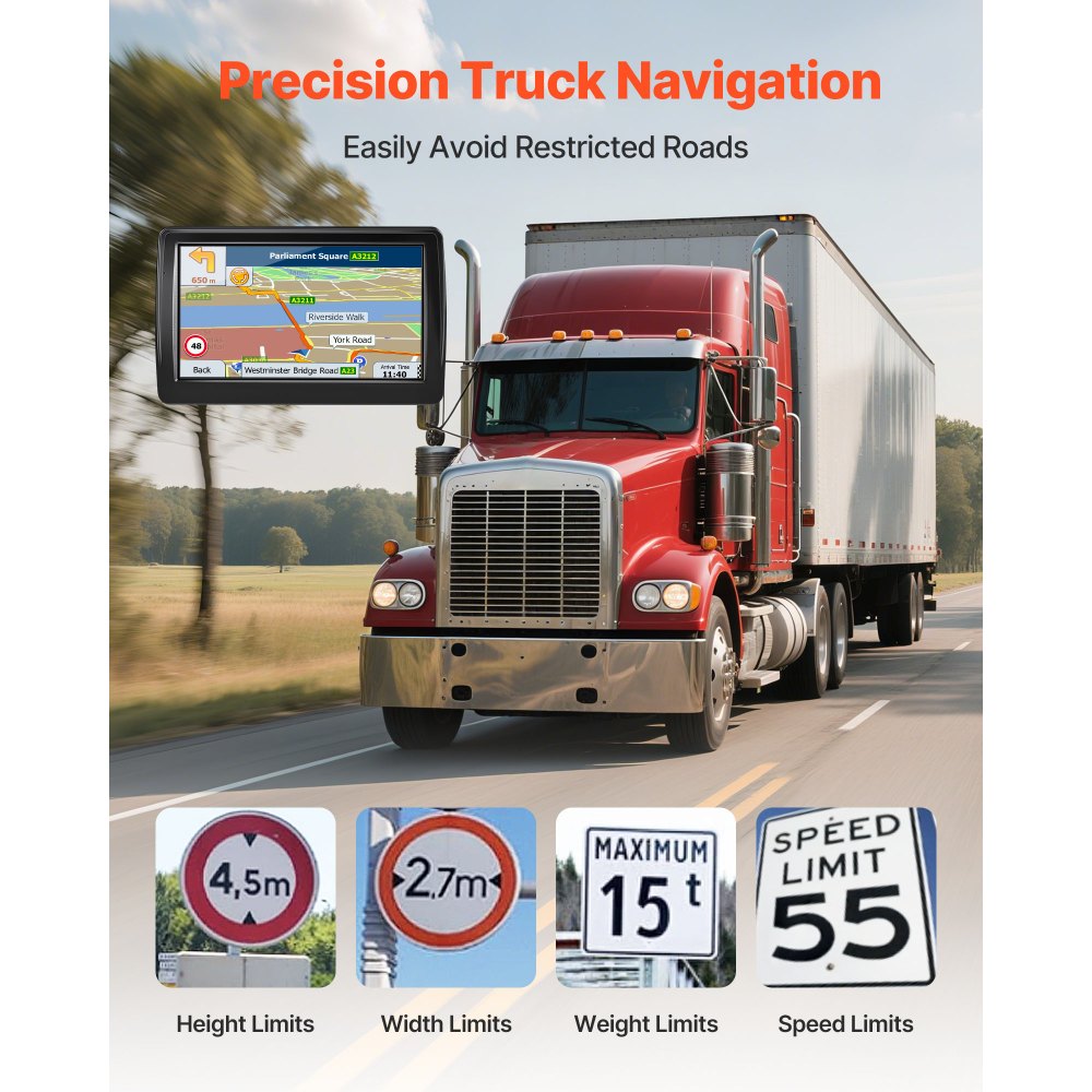 VEVOR GPS Navigator for Car, 7 inch Touch Screen 8GB GPS Navigation System with Lifetime Map Updates, Voice Turn-by-Turn Guidance, Speed and Red Light Warning, Custom Truck Routing, for Car Truck RV