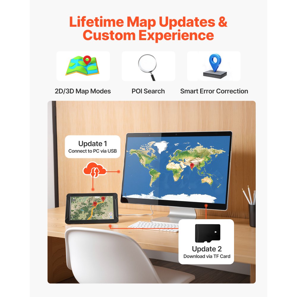 VEVOR GPS Navigator for Car, 7 inch Touch Screen 8GB GPS Navigation System with Lifetime Map Updates, Voice Turn-by-Turn Guidance, Speed and Red Light Warning, Custom Truck Routing, for Car Truck RV