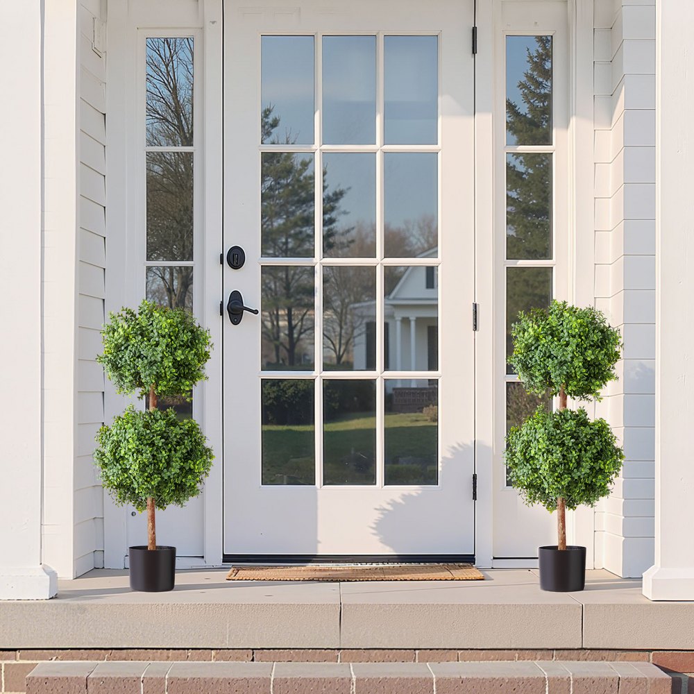 VEVOR Artificial Topiary Boxwood Double Ball, 2 Set 36 inch Faux Boxwood Plant Balls, Fake Silk Tree Look Real, Easy Assembly for Decor Front Porch Outdoor Patio Garden Balcony Backyard Indoor