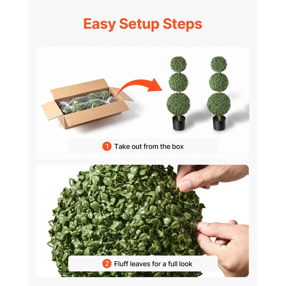 VEVOR Artificial Boxwood Topiary Triple Ball 3 Ft Set of 2 Greenery Decor, Premium PE Fake Trees, Year-Round Indoor & Outdoor Faux Green Plant for Front Door, Entryway, Porch, Balcony, Patio, Garden