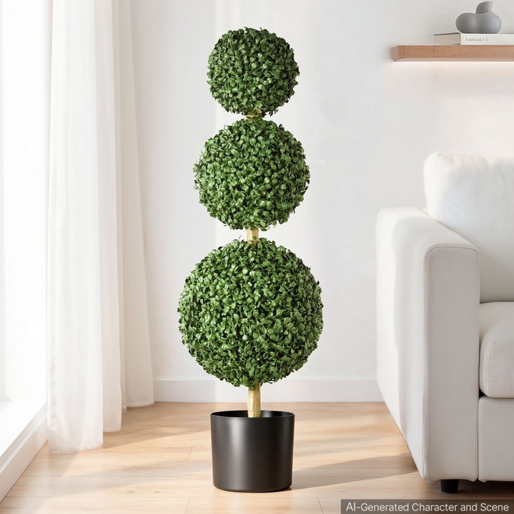 VEVOR Artificial Boxwood Topiary Triple Ball 3 Ft Set of 2 Greenery Decor, Premium PE Fake Trees, Year-Round Indoor & Outdoor Faux Green Plant for Front Door, Entryway, Porch, Balcony, Patio, Garden