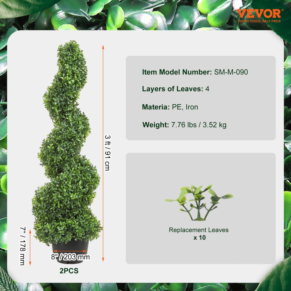 VEVOR 2 pcs. Artificial Boxwood Tower Topiary Spiral Artificial Plant 91cm high Decorative Plant Green Plastic PE Iron Topiary Plants incl. 10 pcs. Replacement Leaves