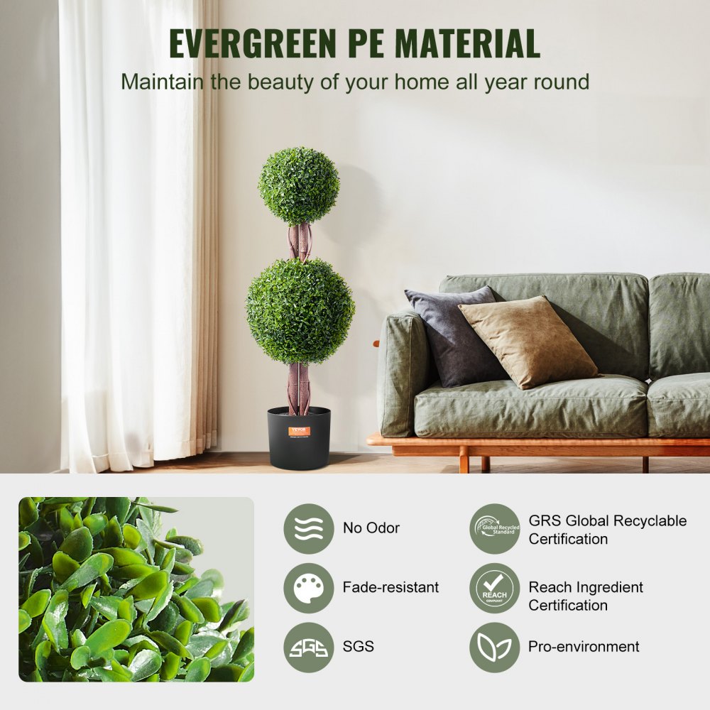 VEVOR Artificial Boxwood Topiary Tree, 36 inch Tall (2 Pieces), Double Ball Faux Topiary Trees, Faux Plant w/ Extra Leaves & Pot & Small Decoration, UV Rated Set for Home Decor Indoor/Outdoor