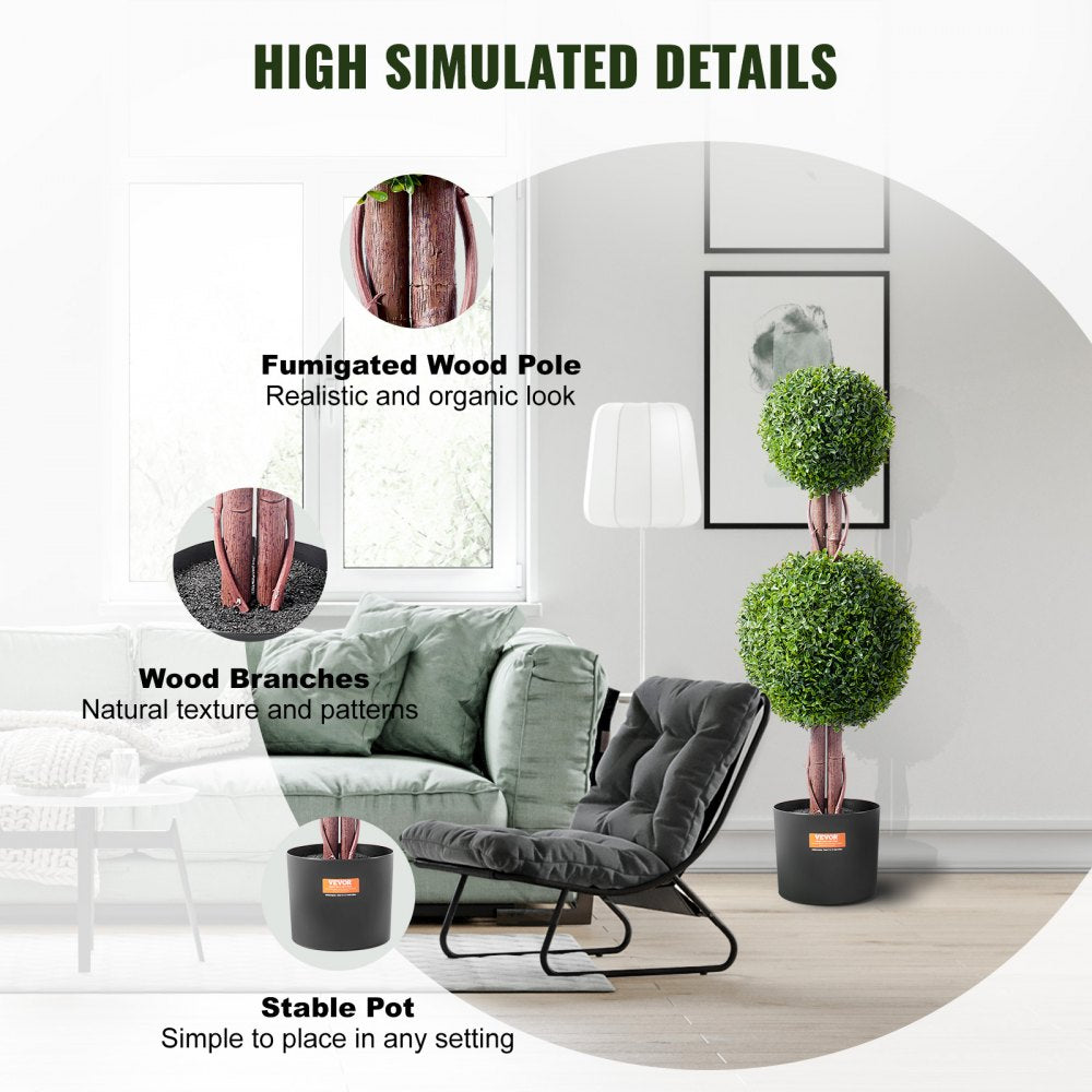 VEVOR Artificial Boxwood Topiary Tree, 36 inch Tall (2 Pieces), Double Ball Faux Topiary Trees, Faux Plant w/ Extra Leaves & Pot & Small Decoration, UV Rated Set for Home Decor Indoor/Outdoor