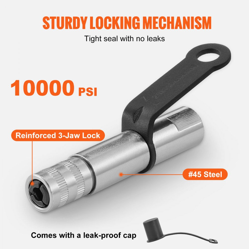 VEVOR Grease Gun Coupler, 10000 PSI High Pressure, 3-Jaw Locking, Quick Release Grease Gun Tip with Hose/Zerk Fittings Cleaner/Leak-Proof Cap, Compatible with All Grease Guns 1/8" NPT Grease Fittings