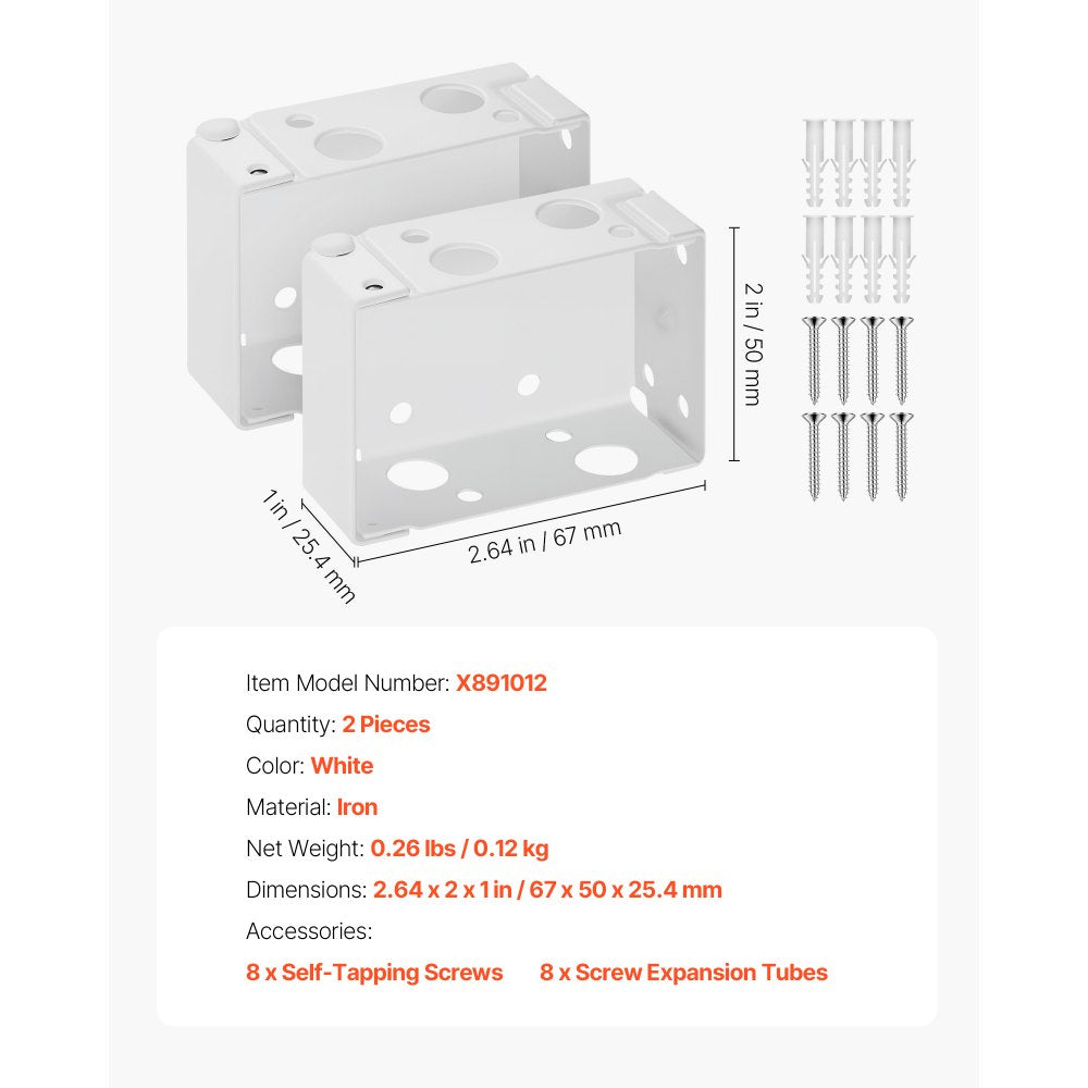 VEVOR Box Mounting Brackets, 2 Pcs, Box Blind Bracket for Window Blinds, Fit for 1.5 x 2.25 inch Headrails, with Self-Tapping Screws and Expansion Tubes, Sturdy Iron, for Blinds Installation, White