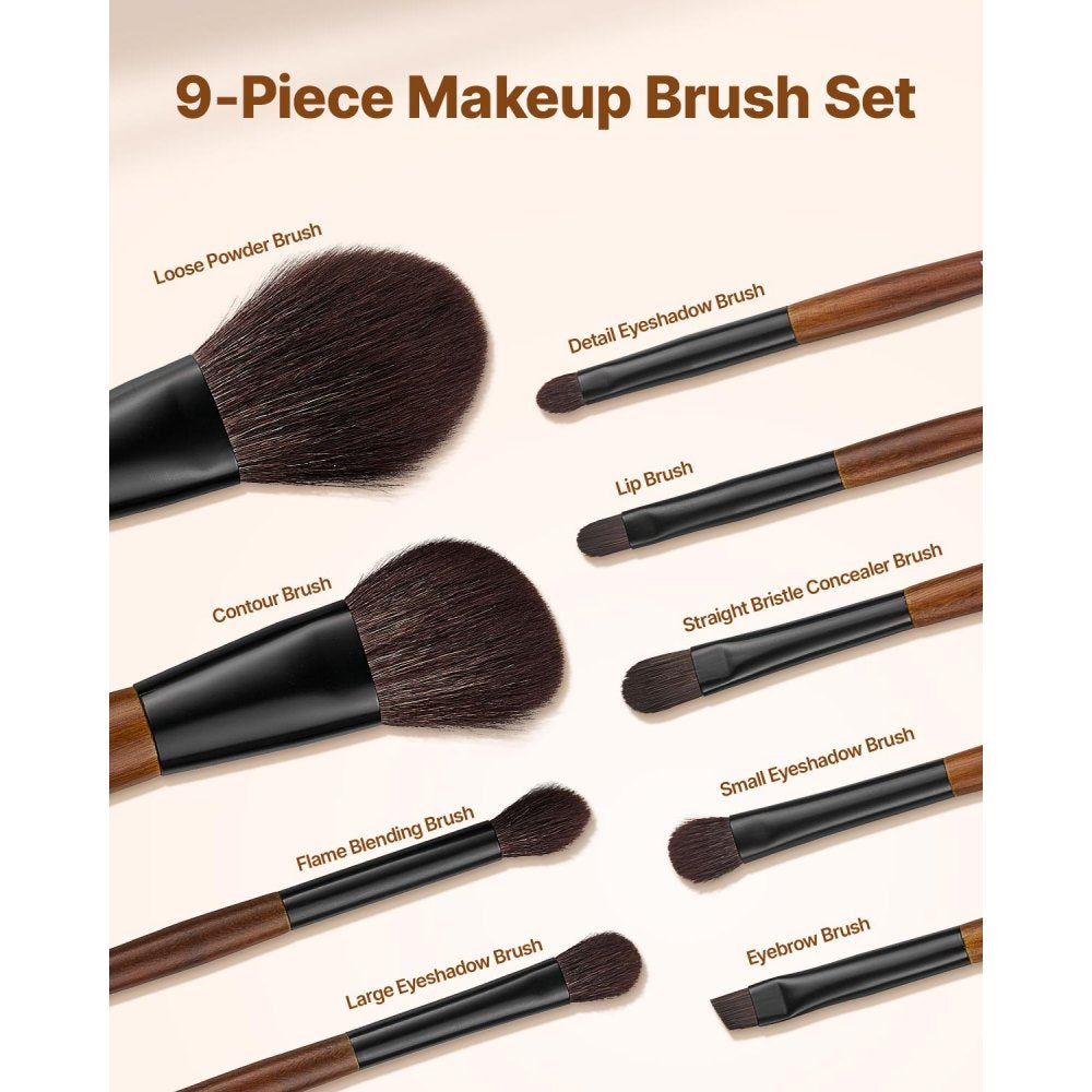 VEVOR 9-Piece Makeup Brush Set for Foundation Blending Eyeshadow, Professional Makeup Brush Kit with Soft Natural Wool & Vegan Synthetic Bristles, Ergonomic Wood Handle, Travel-Friendly Storage Bag