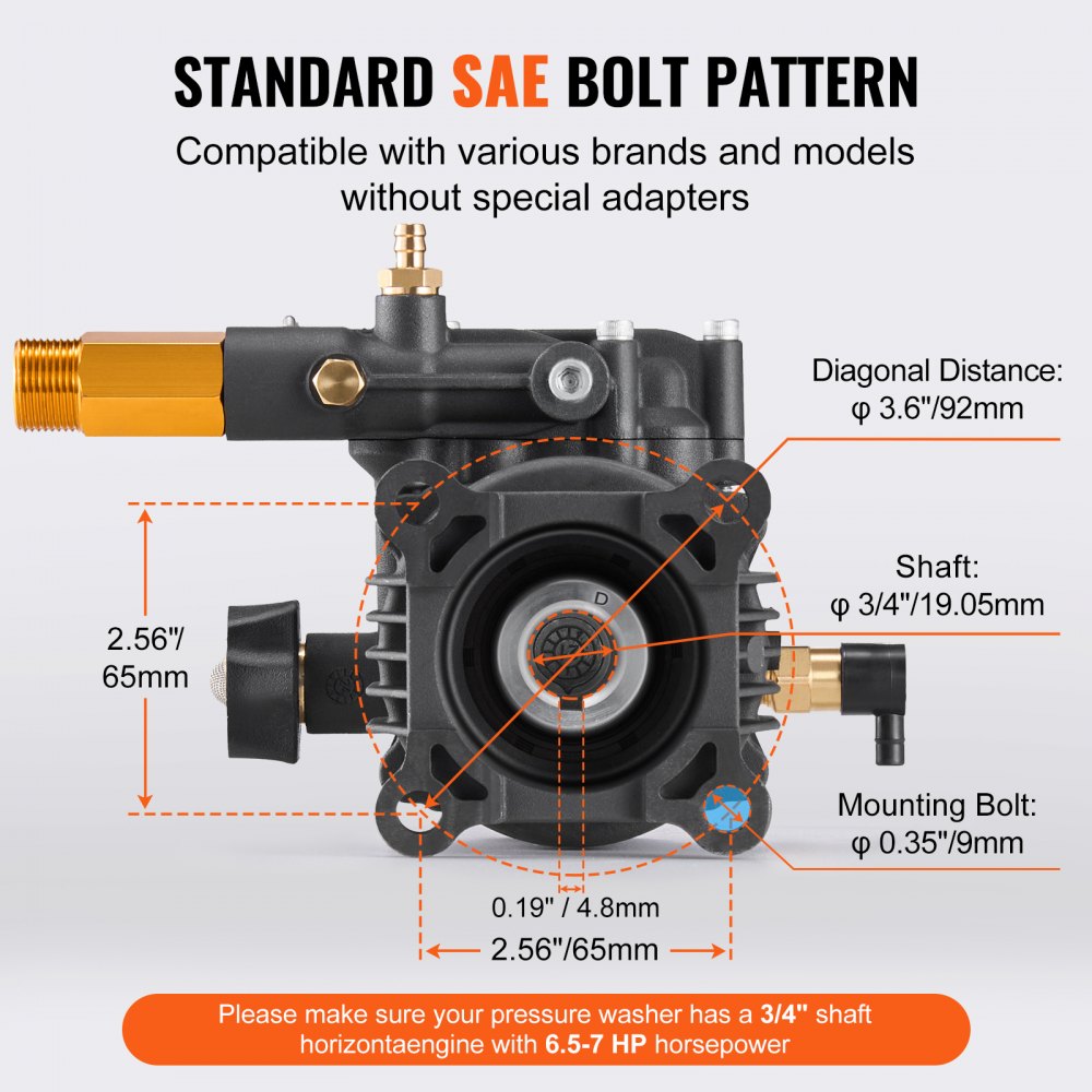 VEVOR Pressure Washer Pump, 3/4" Shaft Horizontal, 3500 PSI, 2.5GPM, Replacement Power Washer Pumps Kit with 5 Nozzles, Hardware and Siphon Tube, Compatible with Simpson, Honda, Troy-Bilt, Generac