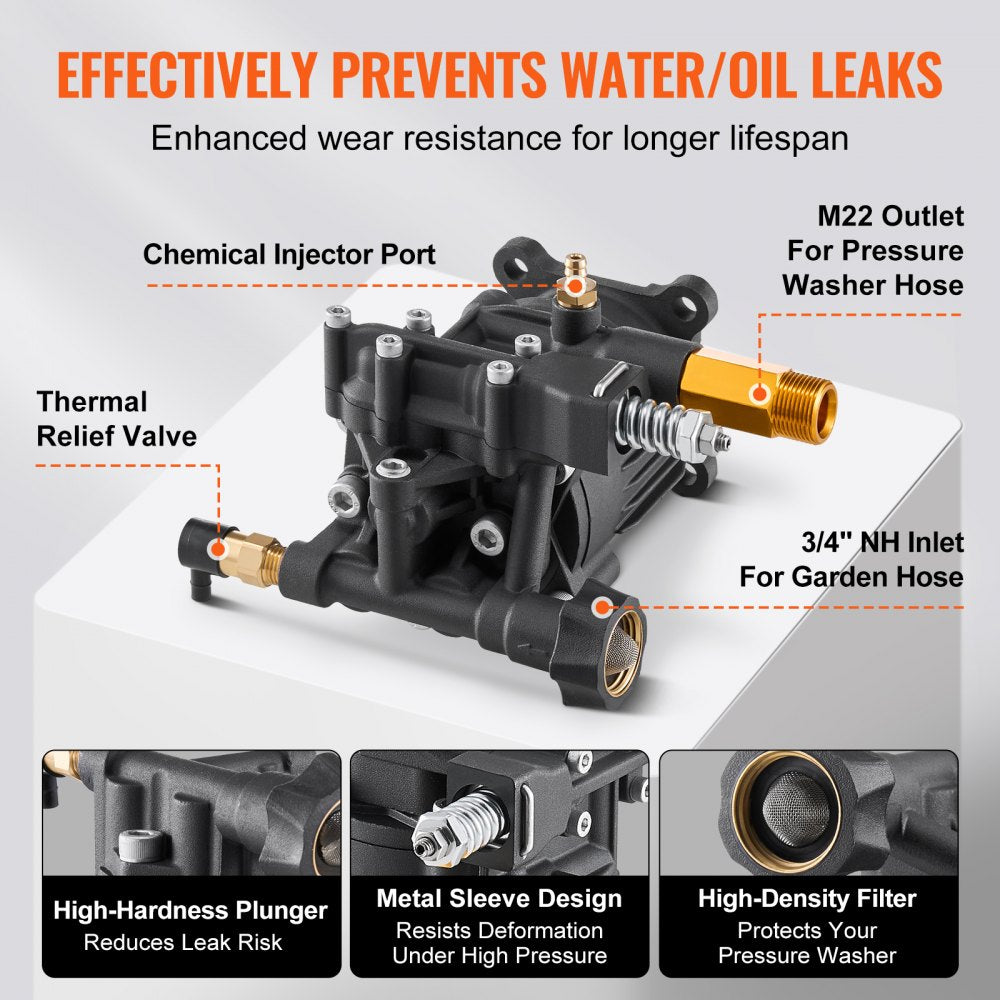 VEVOR Pressure Washer Pump, 3/4" Shaft Horizontal, 3500 PSI, 2.5GPM, Replacement Power Washer Pumps Kit with 5 Nozzles, Hardware and Siphon Tube, Compatible with Simpson, Honda, Troy-Bilt, Generac