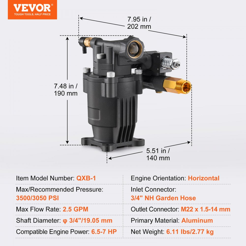 VEVOR Pressure Washer Pump, 3/4" Shaft Horizontal, 3500 PSI, 2.5GPM, Replacement Power Washer Pumps Kit with 5 Nozzles, Hardware and Siphon Tube, Compatible with Simpson, Honda, Troy-Bilt, Generac