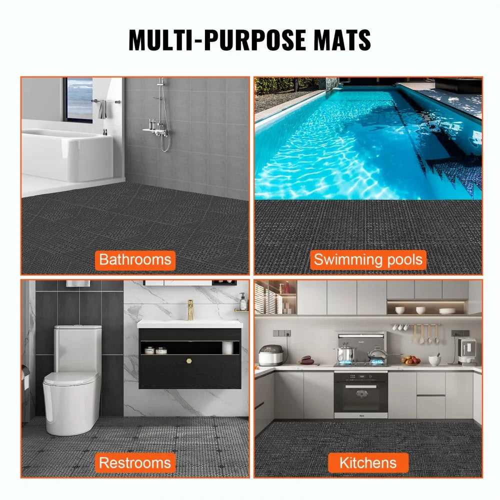 VEVOR Interlocking Tile 50PCS Black, Drainage Tiles 12" x 12" Splicing, Soft PVC Interlocking Drainage Floor Tiles, Non-Slip Drainage Holes for Restroom, Bathroom, Kitchen, Pool, Wet Areas