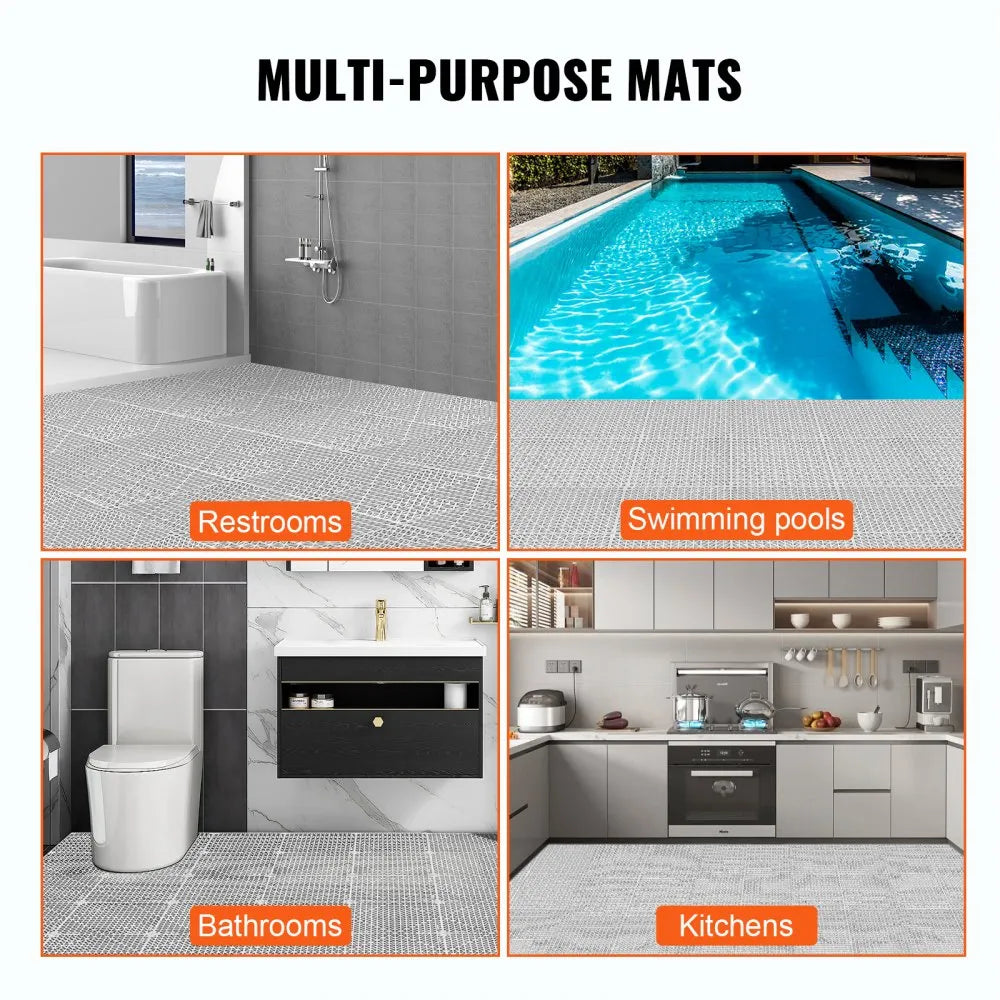 VEVOR Modular Interlocking Cushion, 12 Pack 12" x 12" Splicing Drainage Mats, Soft PVC Interlocking Drainage Floor Tiles, Non-Slip Drainage Holes for Restroom, Bathroom, Kitchen, Pool, Wet Areas, Gray