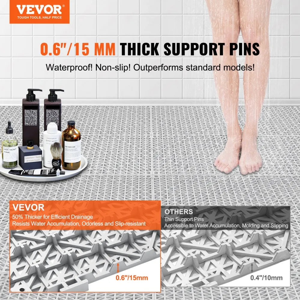 VEVOR Interlocking Tile 50PCS Gray, Drainage Tiles 12" x 12" Splicing, Soft PVC Interlocking Drainage Floor Tiles, Non-Slip Drainage Holes for Restroom, Bathroom, Kitchen, Pool, Wet Areas