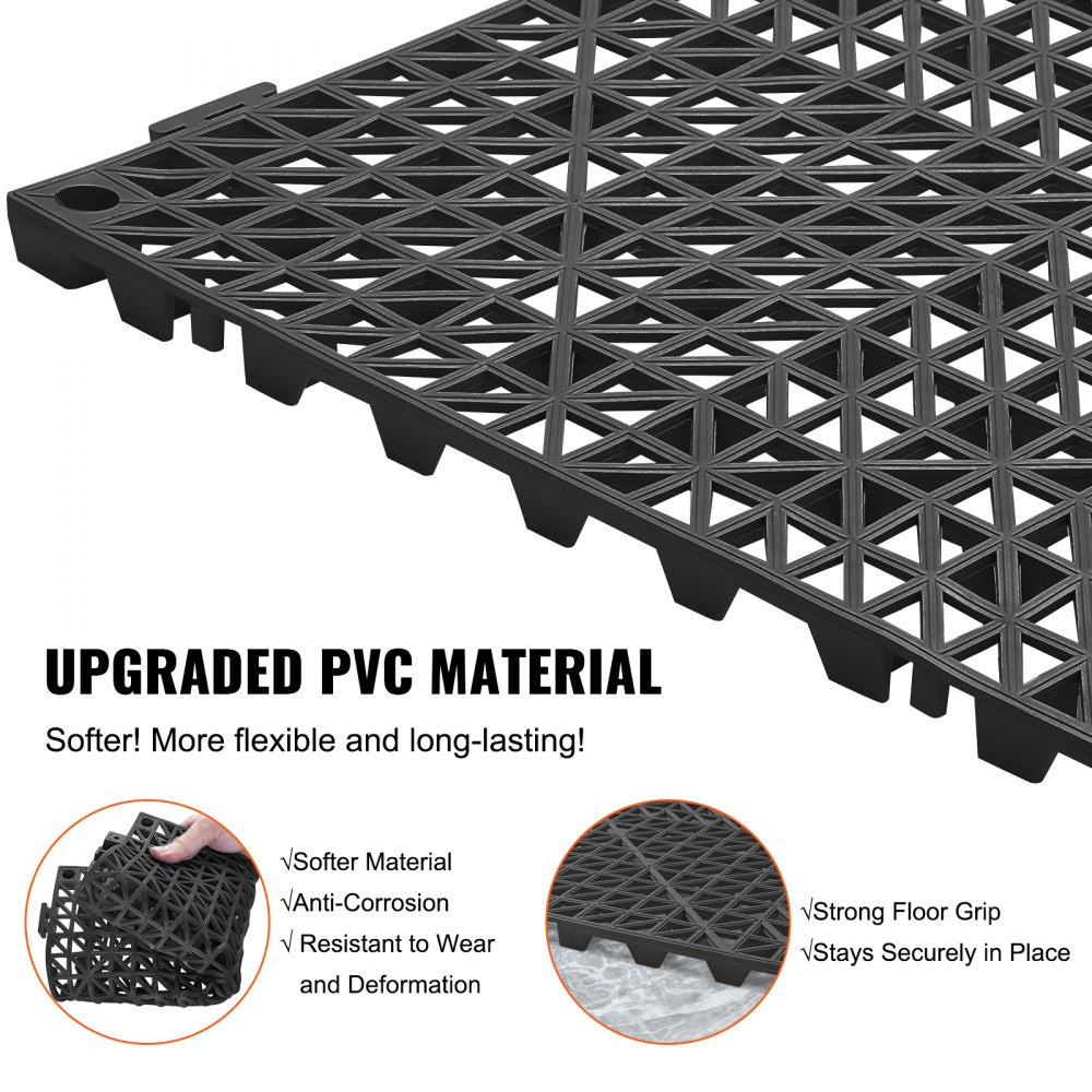VEVOR Interlocking Tile 55PCS Black, Drainage Tiles 12" x 12" Splicing, Soft PVC Interlocking Drainage Floor Tiles, Non-Slip Drainage Holes for Restroom, Bathroom, Kitchen, Pool, Wet Areas