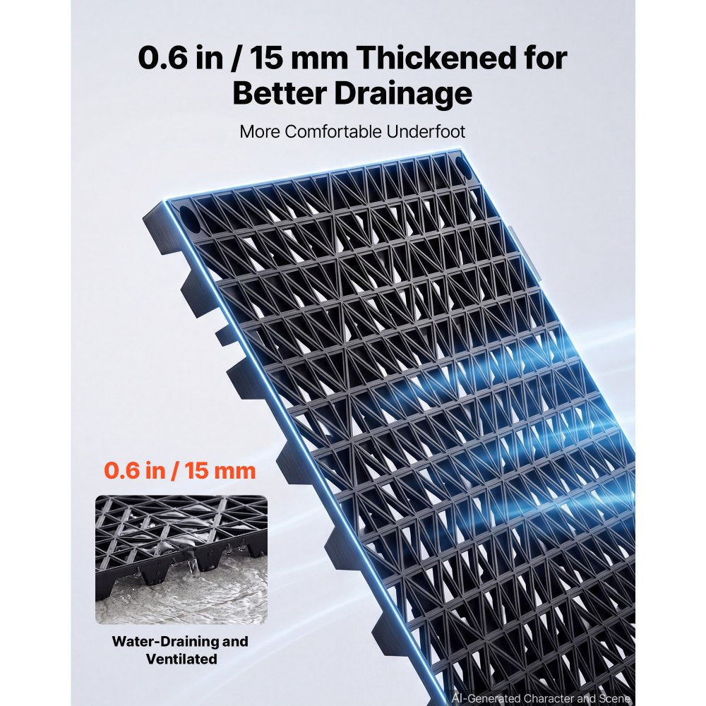 VEVOR Modular Interlocking Cushion 24 Pack Splicing Drainage Mats Black, for Bathrooms Restrooms Pools Kitchens, 12 x 12 in Non-Slip PVC Interlocking Floor Tiles, 0.6 in Thickened, Easy to Clean