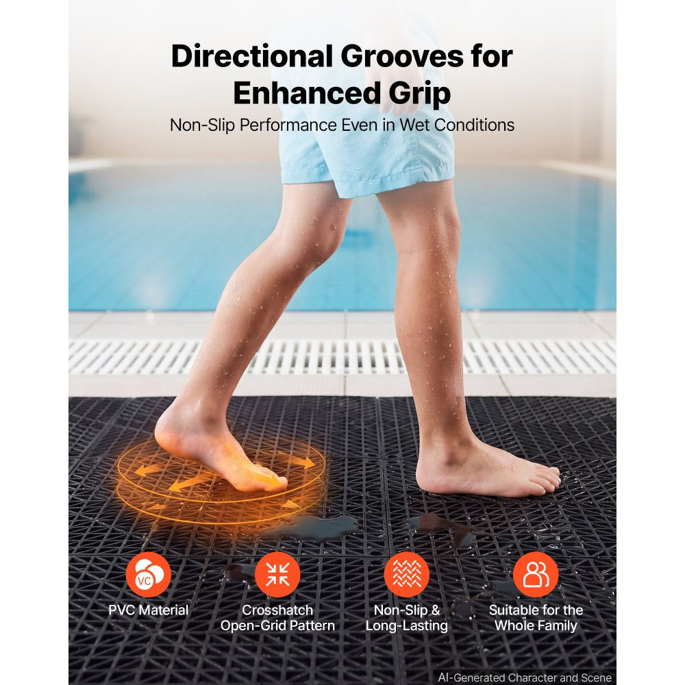 VEVOR Modular Interlocking Cushion 24 Pack Splicing Drainage Mats Black, for Bathrooms Restrooms Pools Kitchens, 12 x 12 in Non-Slip PVC Interlocking Floor Tiles, 0.6 in Thickened, Easy to Clean
