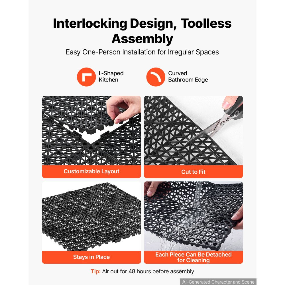 VEVOR Modular Interlocking Cushion 24 Pack Splicing Drainage Mats Black, for Bathrooms Restrooms Pools Kitchens, 12 x 12 in Non-Slip PVC Interlocking Floor Tiles, 0.6 in Thickened, Easy to Clean
