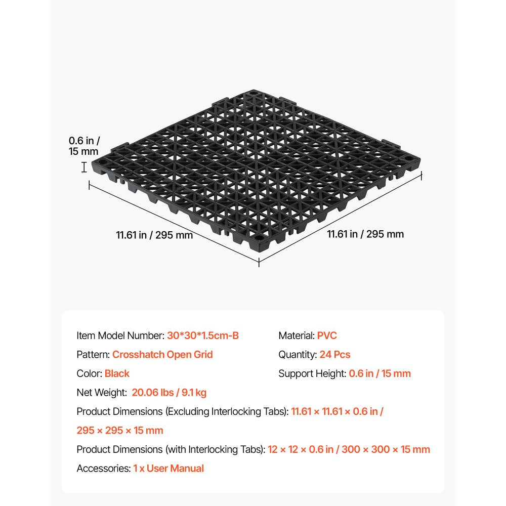 VEVOR Modular Interlocking Cushion 24 Pack Splicing Drainage Mats Black, for Bathrooms Restrooms Pools Kitchens, 12 x 12 in Non-Slip PVC Interlocking Floor Tiles, 0.6 in Thickened, Easy to Clean