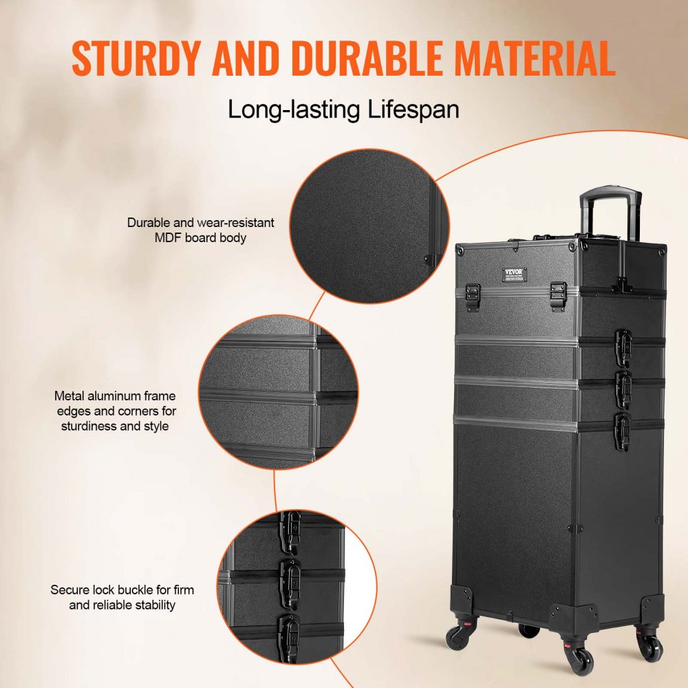 VEVOR 5 in 1 Professional Makeup Train Case Aluminum Cosmetic Case, Rolling Makeup Case Extra Large Trolley Makeup Travel Organizer, with 360° Swivel Wheels & Adjustable Pull Rod, Black