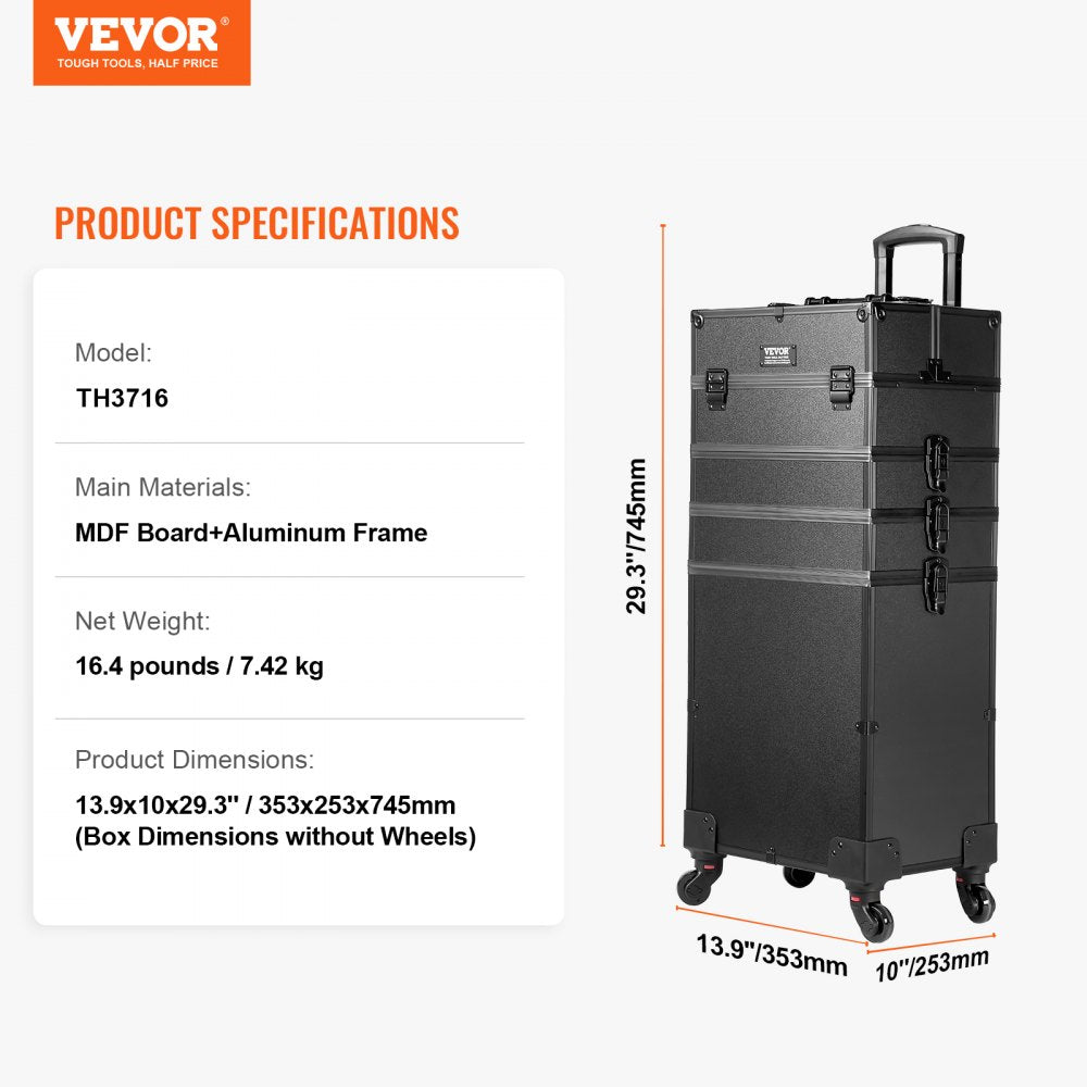 VEVOR 5 in 1 Professional Makeup Train Case Aluminum Cosmetic Case, Rolling Makeup Case Extra Large Trolley Makeup Travel Organizer, with 360° Swivel Wheels & Adjustable Pull Rod, Black