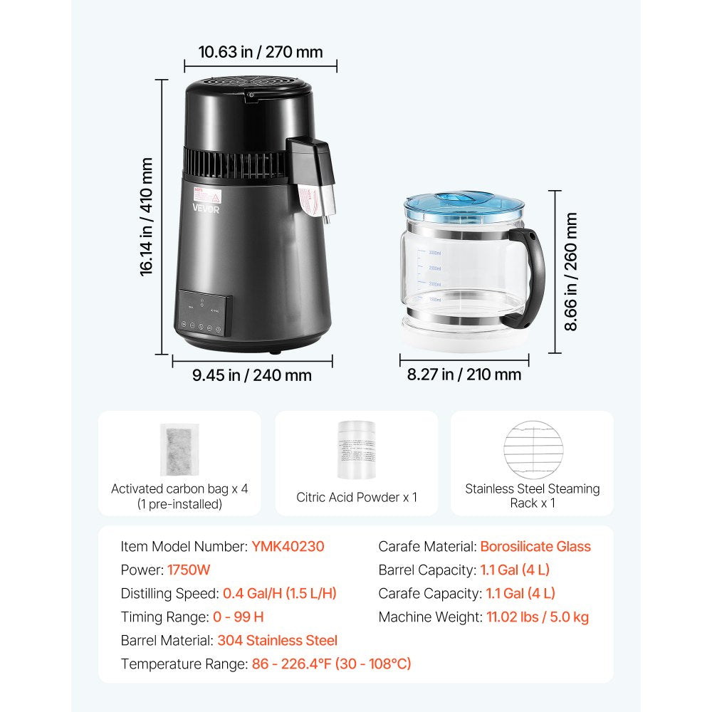 VEVOR Water Distiller, 4L 1.1 Gallon Pure Water Purifier Filter For Home Table Countertop, 1750W Distilled Maker with Glass Pot, Stainless Steel Interior Drinking Machine to Make Clean Waters, Grey