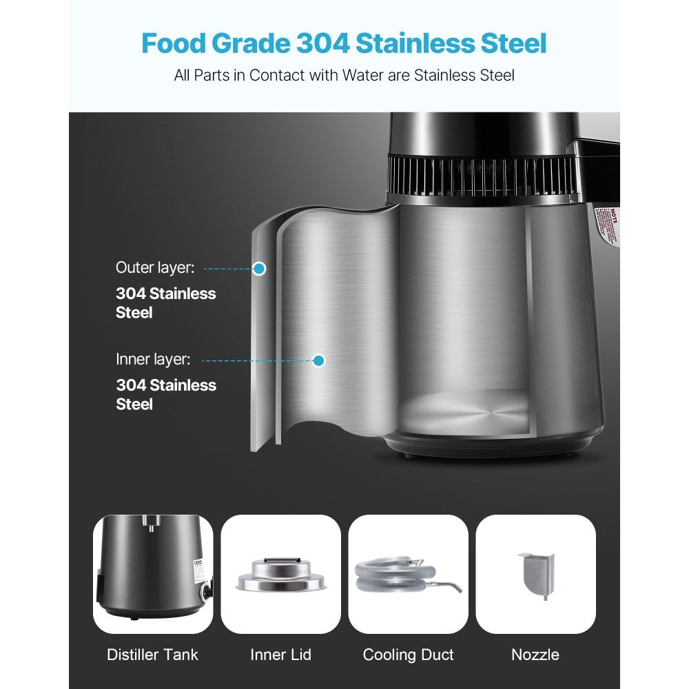 VEVOR Water Distiller, 4L 1.1 Gallon Pure Water Purifier Filter For Home Table Countertop, 750W Distilled Maker with Glass Pot, Stainless Steel Interior Drinking Machine to Make Clean Waters, Grey