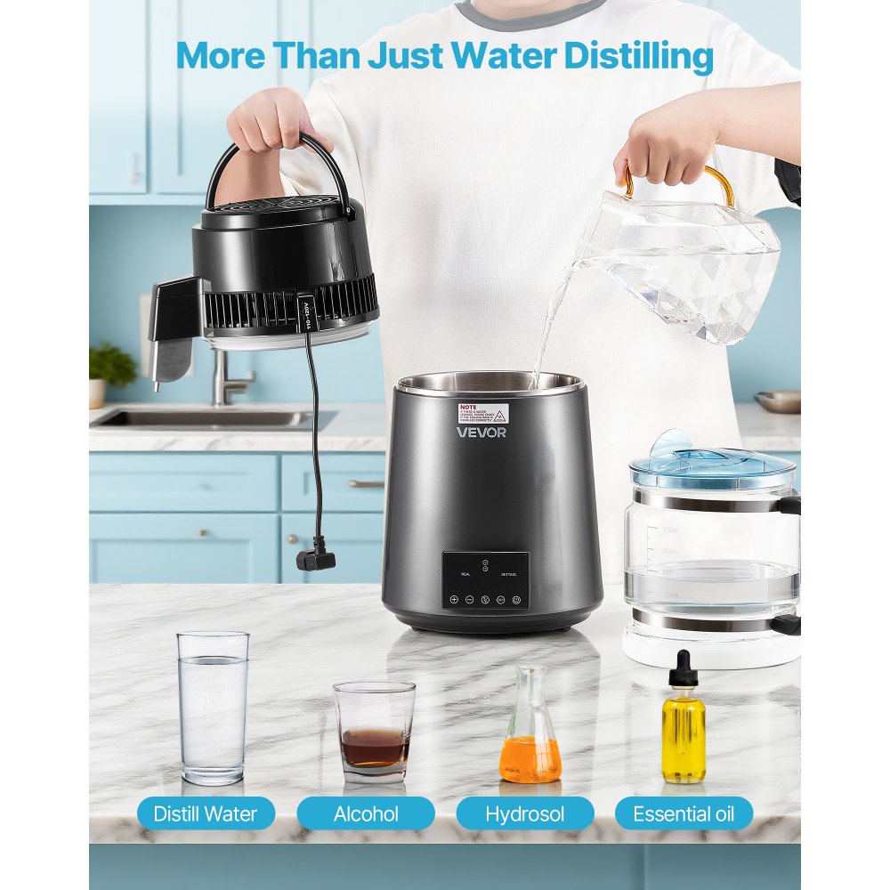 VEVOR Water Distiller, 4L 1.1 Gallon Pure Water Purifier Filter For Home Table Countertop, 750W Distilled Maker with Glass Pot, Stainless Steel Interior Drinking Machine to Make Clean Waters, Grey
