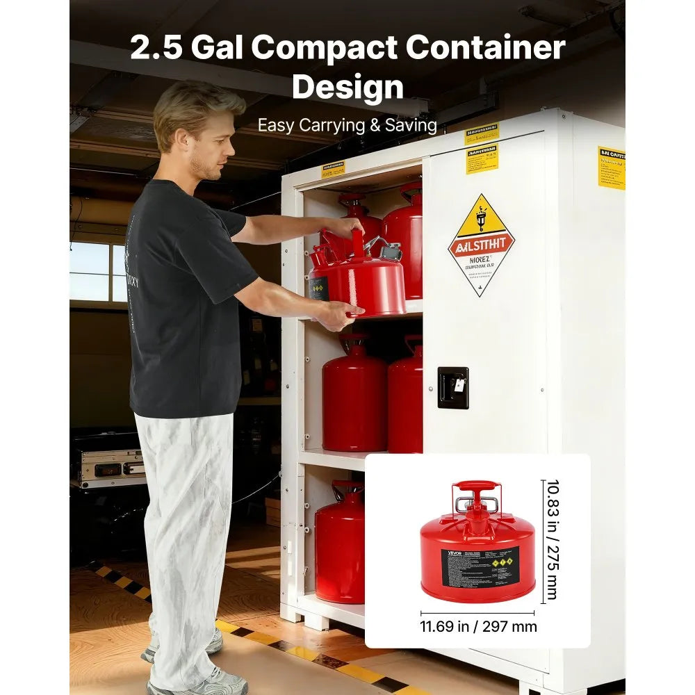 VEVOR Safety Gas Can, 2.5 Gallon Type II Red Safety Can for Gasoline with Stainless Steel Flame Arrester, Self-Closing Lid & Flexible Metal Spout, Carbon Steel Flammable Storage with Ergonomic Handle