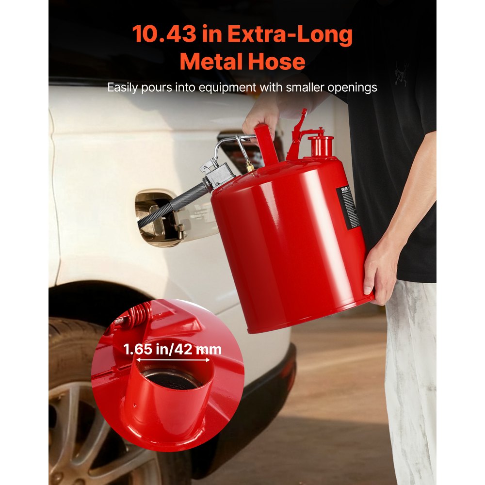 VEVOR Safety Gas Can, 5 Gallon Type II Red Safety Can for Gasoline with Stainless Steel Flame Arrester, Self-Closing Lid & Flexible Metal Spout, Carbon Steel Flammable Storage with Ergonomic Handle