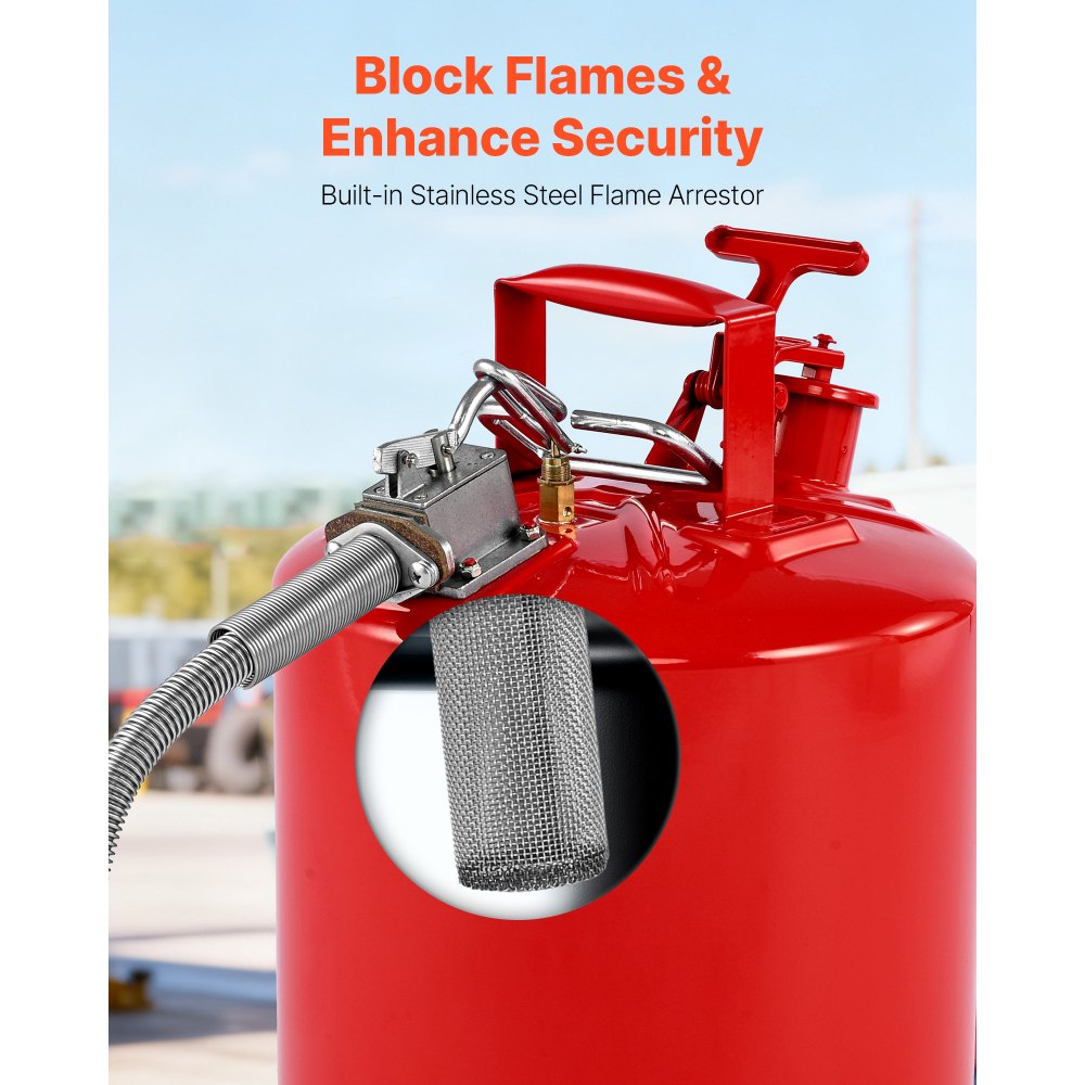 VEVOR Safety Gas Can, 5 Gallon Type II Red Safety Can for Gasoline with Stainless Steel Flame Arrester, Self-Closing Lid & Flexible Metal Spout, Carbon Steel Flammable Storage with Ergonomic Handle