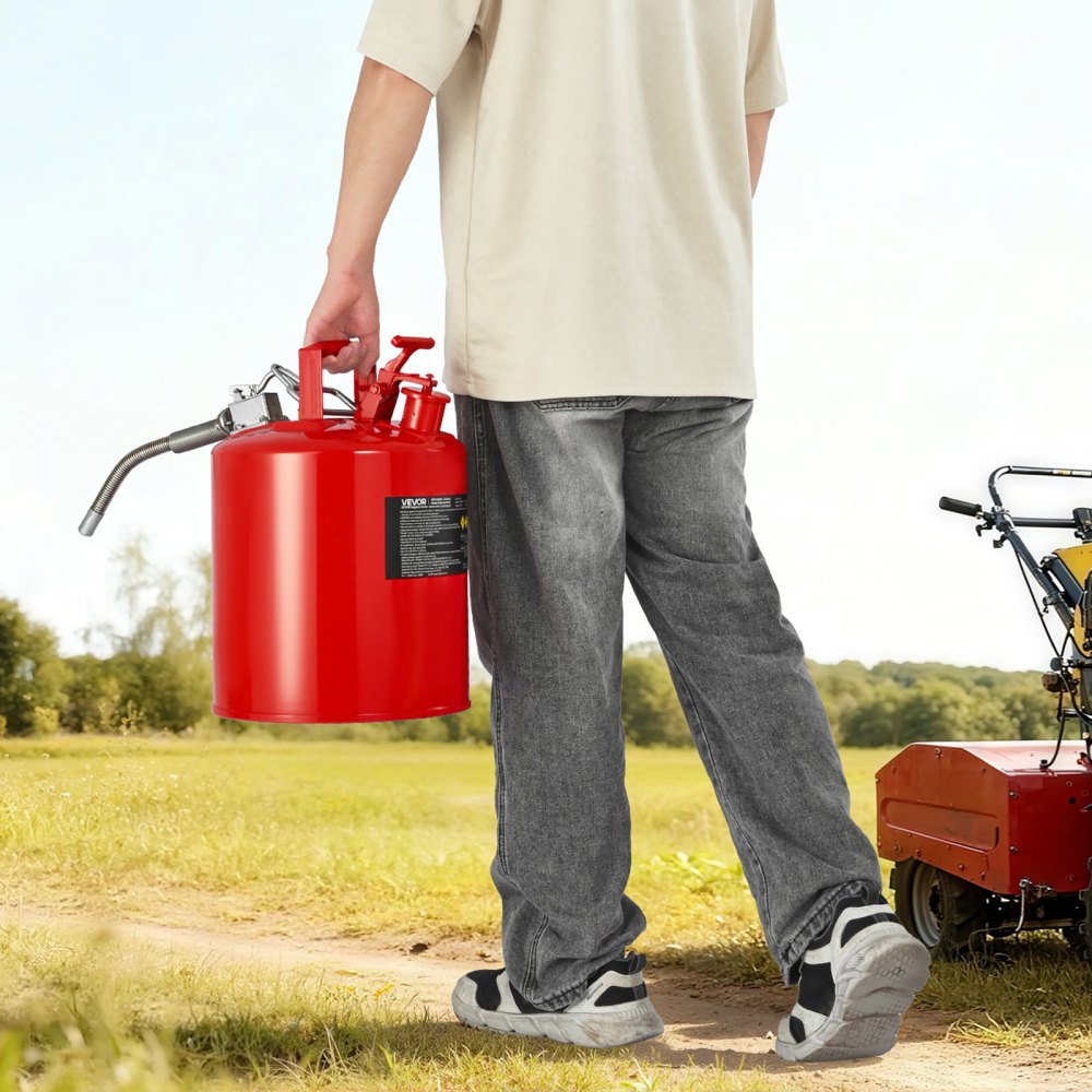 VEVOR Safety Gas Can, 5 Gallon Type II Red Safety Can for Gasoline with Stainless Steel Flame Arrester, Self-Closing Lid & Flexible Metal Spout, Carbon Steel Flammable Storage with Ergonomic Handle