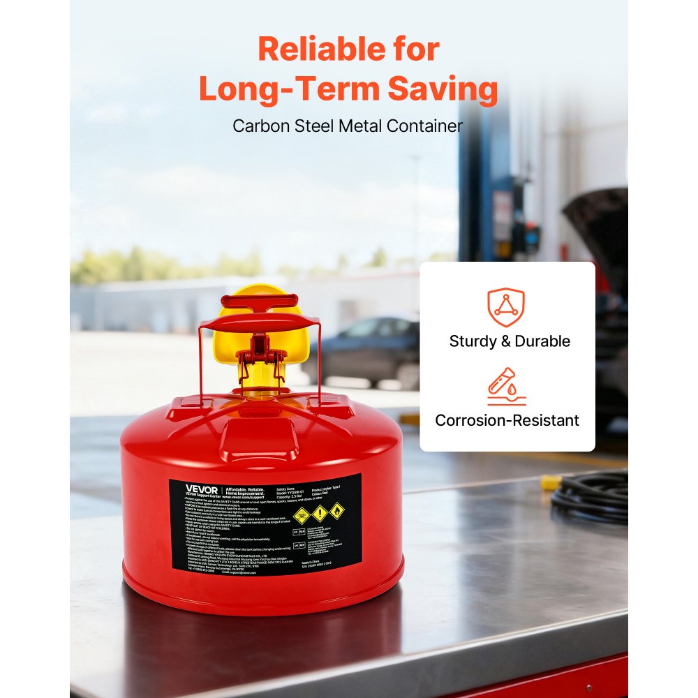 VEVOR Safety Gas Can, 2.5 Gallon Type I Red Safety Can for Gasoline with Stainless Steel Flame Arrester, Self-Closing Lid, and PE Funnel, Carbon Steel Flammable Storage Container with Ergonomic Handle