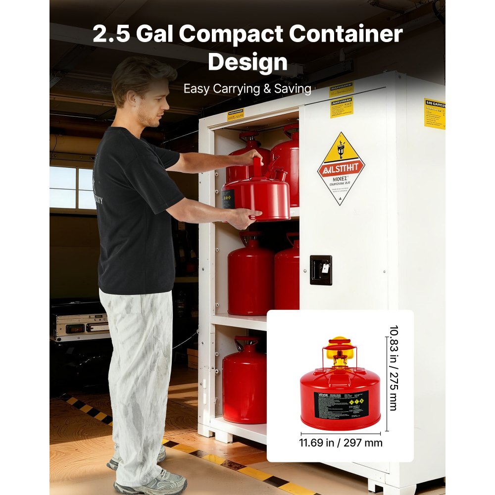VEVOR Safety Gas Can, 2.5 Gallon Type I Red Safety Can for Gasoline with Stainless Steel Flame Arrester, Self-Closing Lid, and PE Funnel, Carbon Steel Flammable Storage Container with Ergonomic Handle
