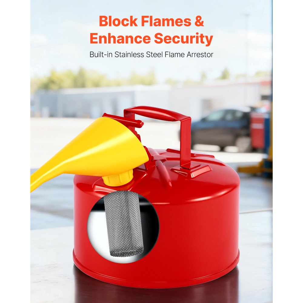 VEVOR Safety Gas Can, 2.5 Gallon Type I Red Safety Can for Gasoline with Stainless Steel Flame Arrester, Self-Closing Lid, and PE Funnel, Carbon Steel Flammable Storage Container with Ergonomic Handle