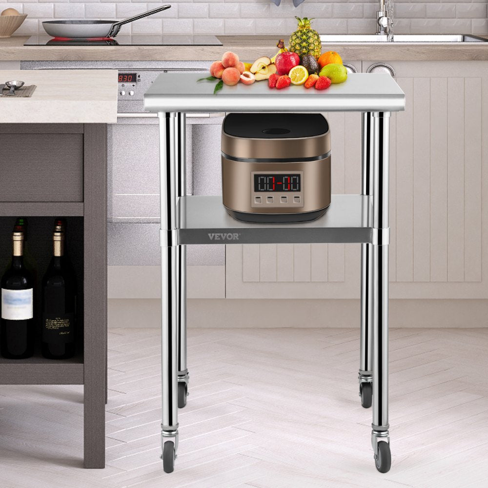 VEVOR Mesa de preparación de acero inoxidable, 24 x 24 x 36 pulgadas, capacidad de carga de 600 libras, mesa de trabajo de metal resistente con estante inferior ajustable y ruedas universales, estació