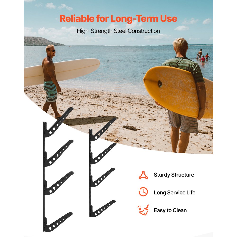 VEVOR Surfboard Wall Mount, 4 Tiers Horizontal Surfboard Rack for Storage and Display, Adjustable Height Metal Board Stand Organizer, Surf Board Holder for Snowboards, Kiteboards, Shortboard, Skis