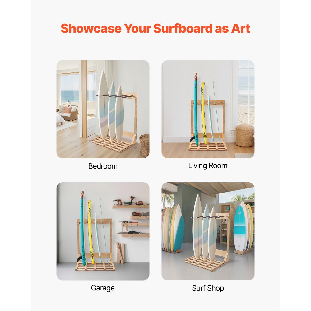 VEVOR Vertical Surfboard Stand, 4 Tiers Wooden Surfboard Rack for Storage and Display, Freestanding Board Stand Organizer, Surf Board Holder for Wakeboards, Snowboards, Kiteboards, Shortboard, Skis