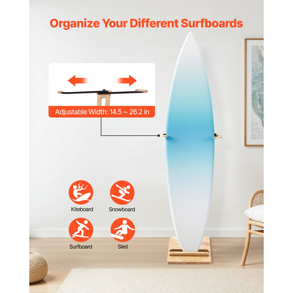 VEVOR Vertical Surfboard Stand, Wooden Surfboard Rack for Storage and Display, Adjustable & Freestanding Board Stand Organizer with Padding, for Wakeboards, Snowboards, Kiteboards, Shortboard, Skis