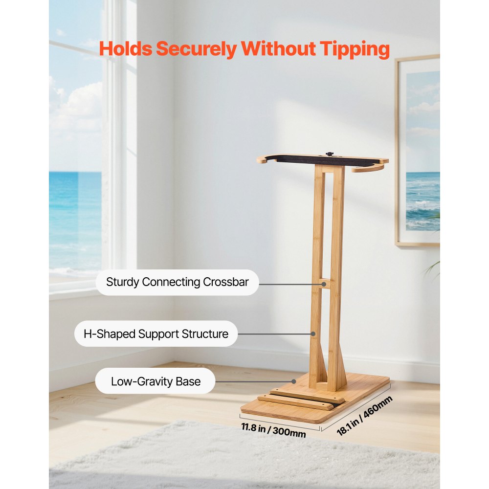 VEVOR Vertical Surfboard Stand, Wooden Surfboard Rack for Storage and Display, Adjustable & Freestanding Board Stand Organizer with Padding, for Wakeboards, Snowboards, Kiteboards, Shortboard, Skis