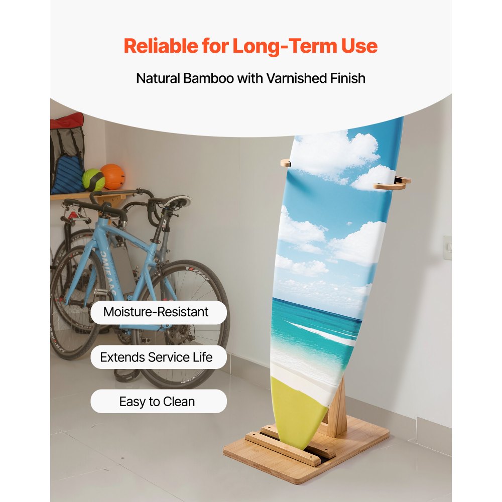 VEVOR Vertical Surfboard Stand, Wooden Surfboard Rack for Storage and Display, Adjustable & Freestanding Board Stand Organizer with Padding, for Wakeboards, Snowboards, Kiteboards, Shortboard, Skis