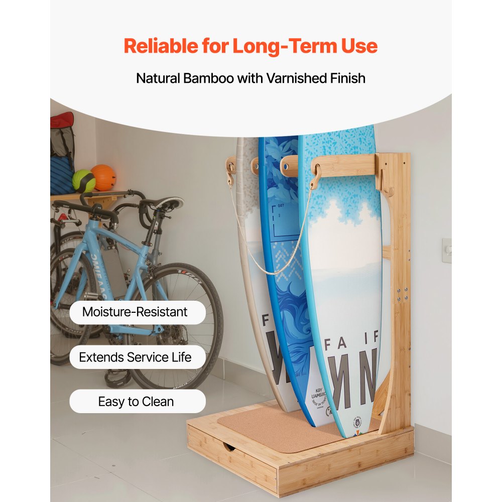 VEVOR Vertical Surfboard Stand, 3 Tiers Wooden Surfboard Rack for Storage and Display, Freestanding Board Stand Organizer with Hanging Hooks & Cork Padding, for Wakeboards, Snowboards, Kiteboards