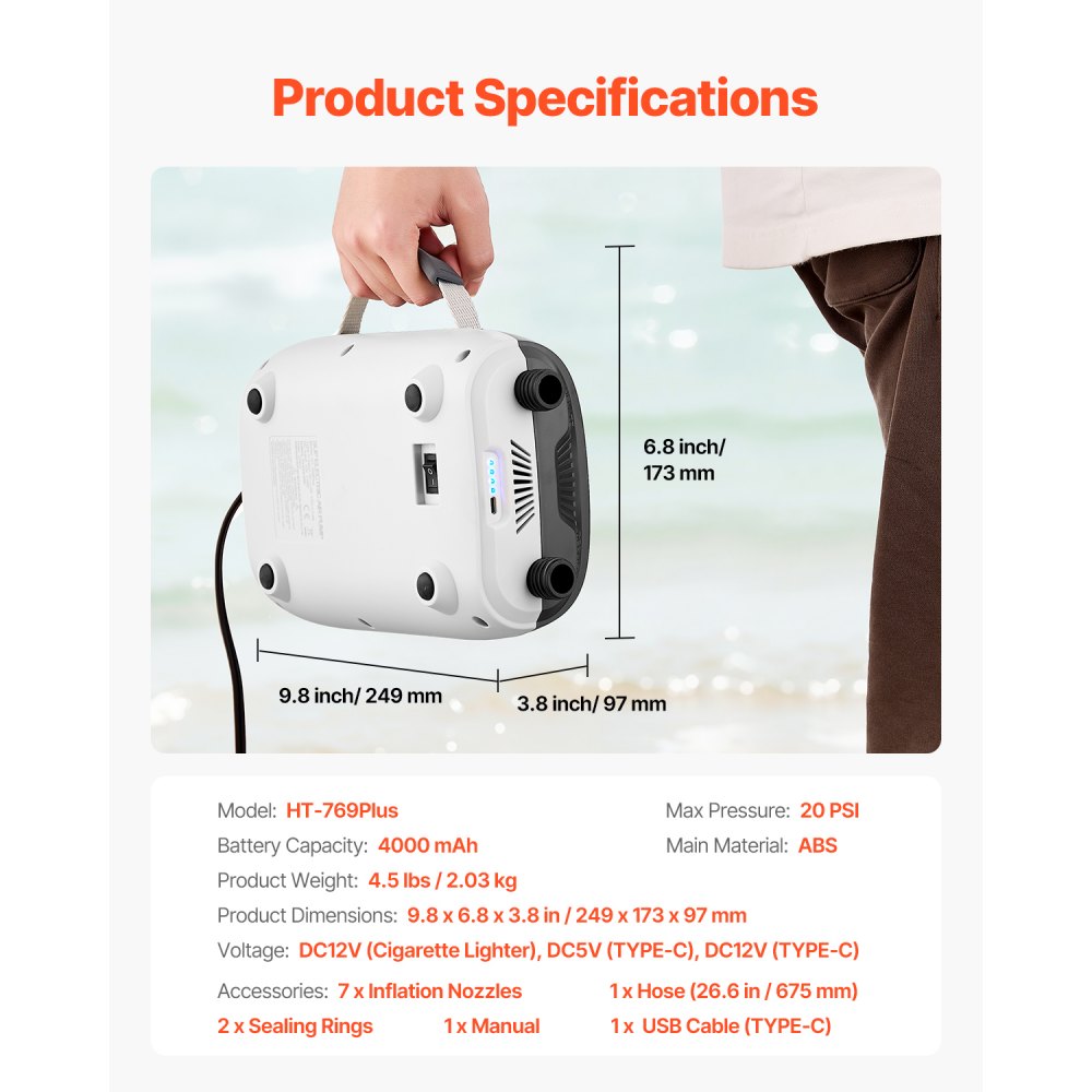 VEVOR 20PSI Paddle Board Pump, Rechargeable Battery-Powered, Dual Stage Inflation & Deflation SUP Air Pump with Auto-Off Function and 12V DC Car Connector, Ideal for Inflatable Boats, Tent & Mattress