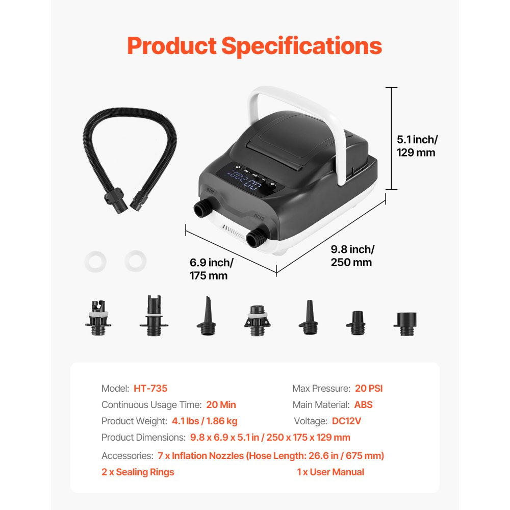 VEVOR Paddle Board Pump, 20PSI High Pressure, Dual Stage Inflation & Deflation SUP Air Pump with Auto-Off Function and 12V DC Car Connector, Ideal for Inflatable Paddle Board, Tent and Mattress