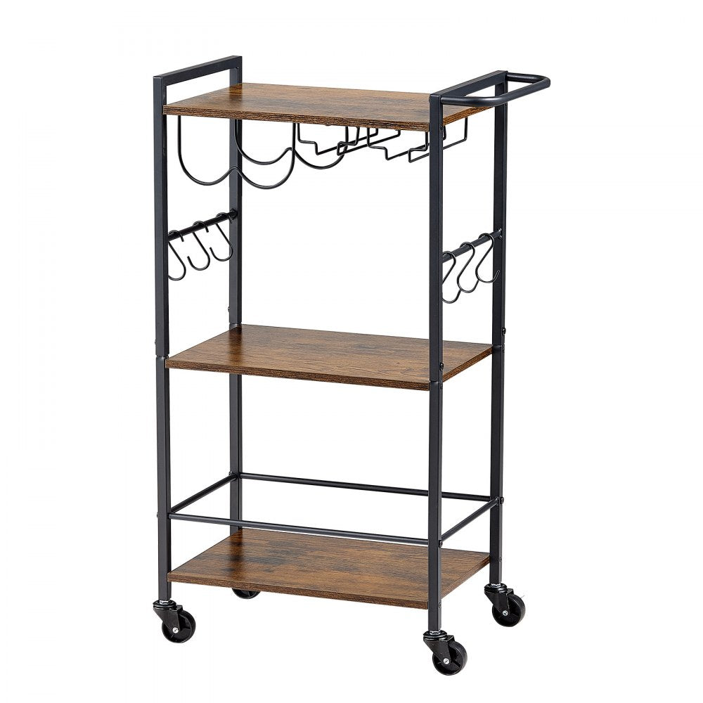 VEVOR Bar Cart, 3 Tiers Home Kitchen Serving Carts, Industrial Rolling Utility Station on Wheel, Mobile Drink Beverage Shelf with Wine Rack & Glass Holder, 20.08x11.02x33.07 in, Rustic Brown and Black