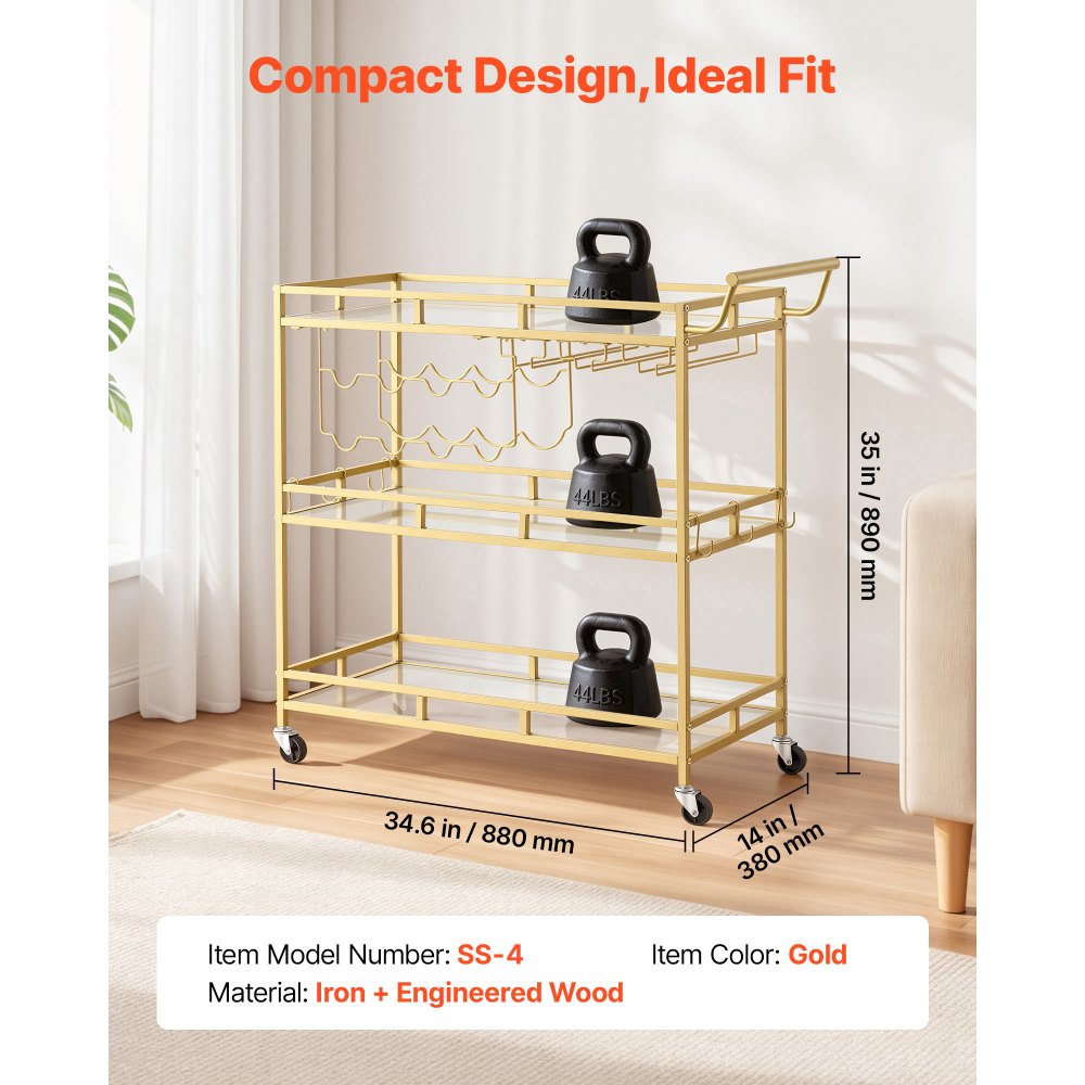 VEVOR Bar Cart, 3 Tiers Home Kitchen Serving Carts, Modern Rolling Utility Station on Wheels, Drink Beverage Trolley with Tempered Glass Shelves, Wine Rack, Glass Holder, for Living Dining Room, Gold